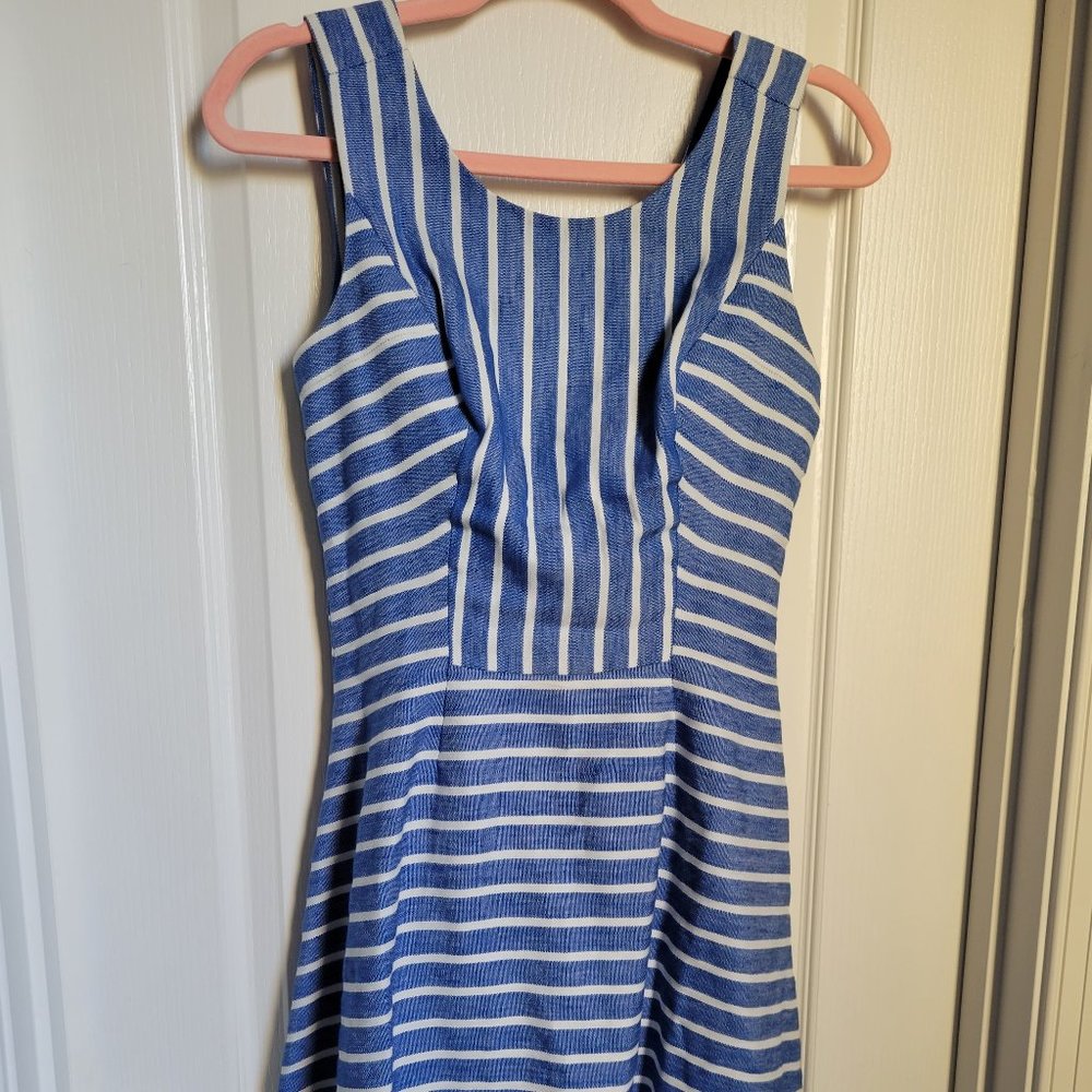 NWOT $168 Vineyard Vines Cotton Linen Fit & Flare Stripe Dress Blue White 0